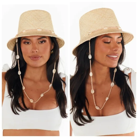 New Wyeth Seashell-Embellished Chin Strap Natural Straw Bucket Hat One Size NWT